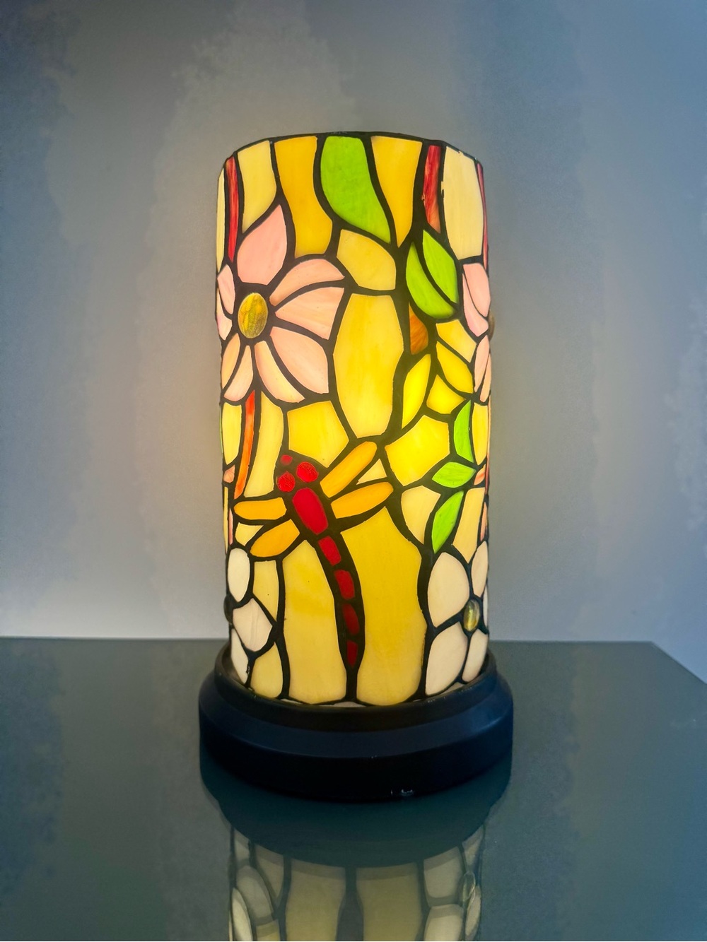 Stained Glass Dragonfly Table Lamp - Yellow, Red & Green